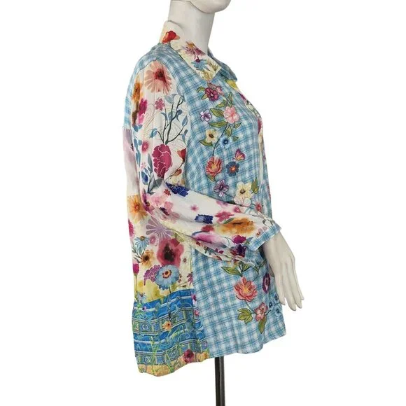 John Mark Women’s Shirt Top Embroidered Floral 3/4 Sleeve Button  Tunic  (9) - Picture 3 of 12